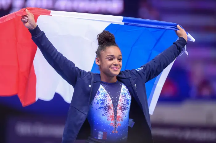 April 12, 2019 - Szczecin, West Pomeranian, Poland - Melanie De Jesus Dos Santos from France seen after winning the competition during the Women's All-Around Final of 8th European Championships in Artistic Gymnastics.