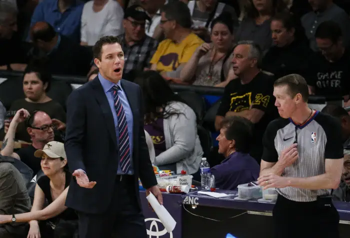 April 9, 2019 - Los Angeles, California, U.S - Los Angeles Lakers head coach Luke Walton reacts a call during an NBA basketball game between Los Angeles Lakers and Portland Trail Blazers, Tuesday, April 9, 2019, in Los Angeles.