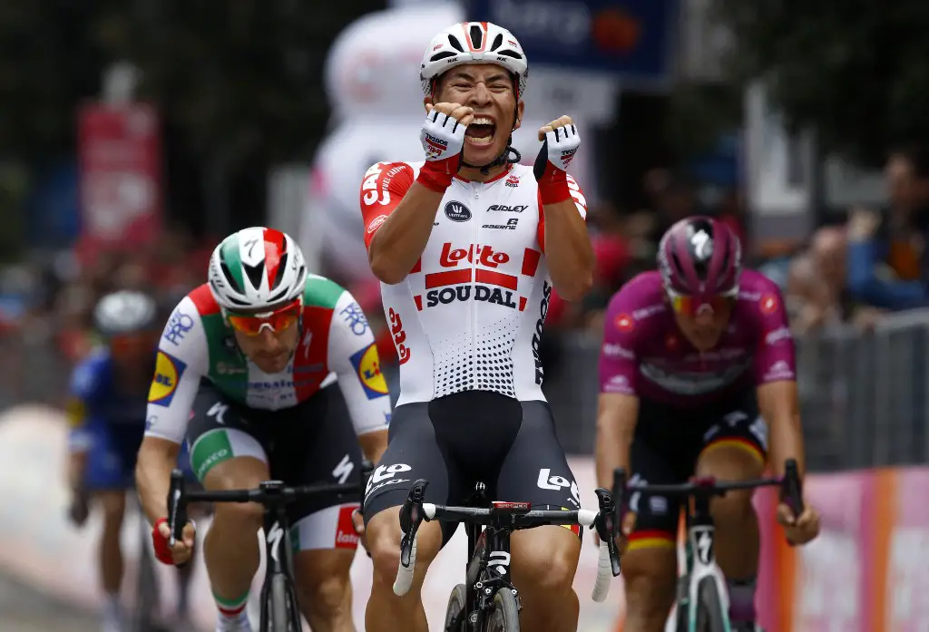 Team Lotto rider Australia's Caleb Ewan celebrates as he finishes first in stage eight of the 102nd Giro d'Italia - Tour of Italy - cycle race, 239kms from Tortoreto Lido to Pesaro on May 18, 2019. (Photo by Luk BENIES / AFP)