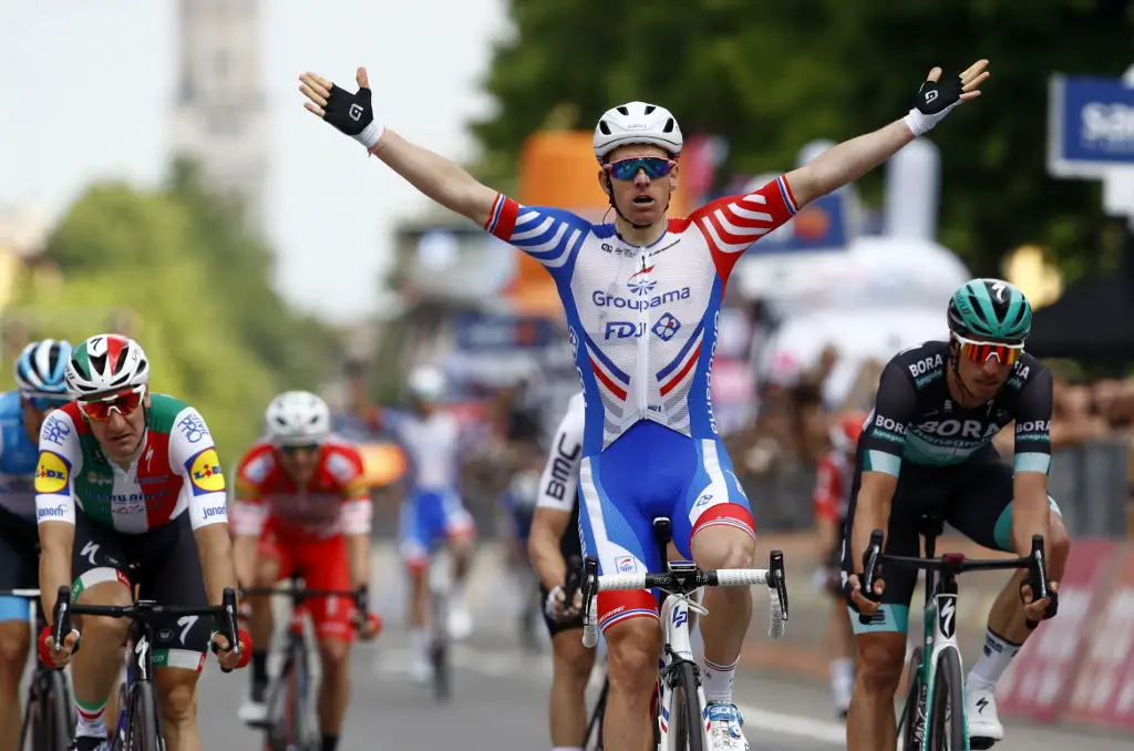 Team Groupama-FDJ rider France's Arnaud Demare celebrates as he finished first in the stage ten of the 102nd Giro d'Italia - Tour of Italy - cycle race, 145kms from Ravenna to Modena on May 21, 2019. (Photo by Luk BENIES / AFP)
