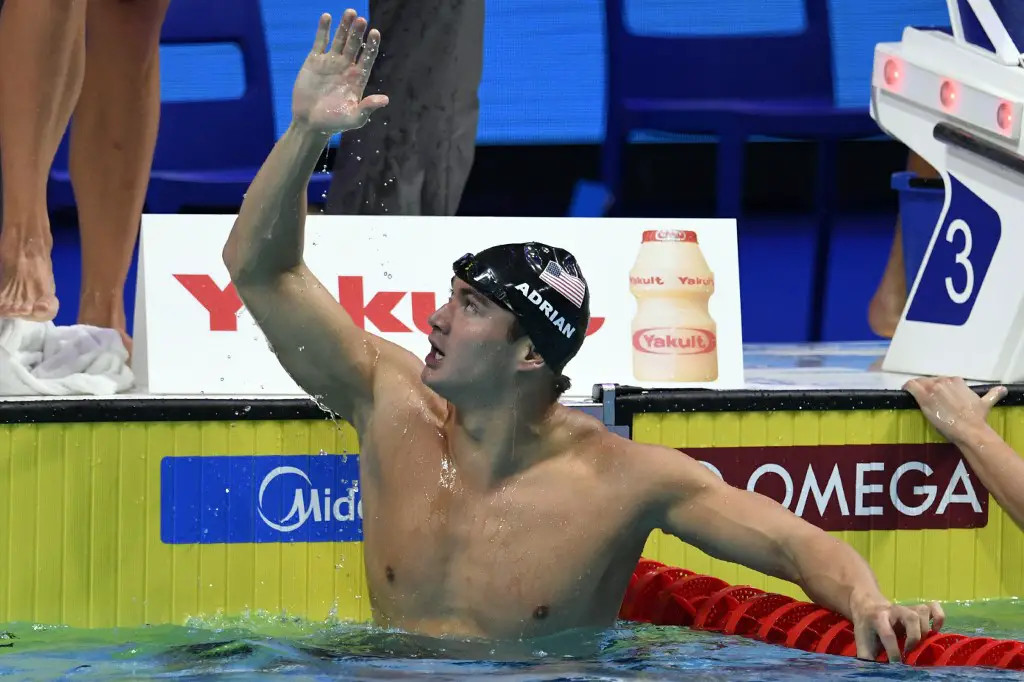 US Nathan Adrian celebrates after his team's victory during the men's 4x100m medley relay final during the swimming competition at the 2017 FINA World Championships in Budapest, on July 30, 2017. (Photo by CHRISTOPHE SIMON / AFP)