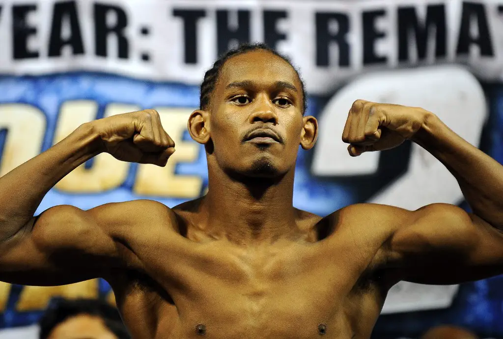 Daniel Jacobs of the US poses during the official weigh-in of his WBO middletweight World championship against Dmitry Pirog of Russia in Las Vegas, Nevada on July 30, 2010. The fight will take place at the Mandalay Bay on July 31. AFP PHOTO / GABRIEL BOUYS (Photo by GABRIEL BOUYS / AFP)