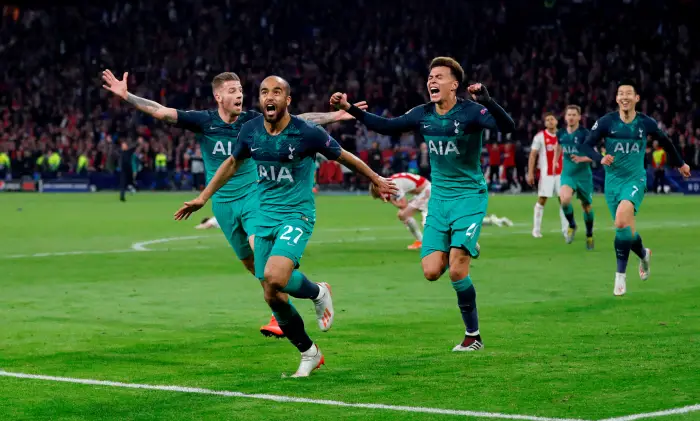 Tottenham's Lucas Moura celebrates scoring their third goal to complete his hat-trick with Dele Alli, Toby Alderweireld and Son Heung-min