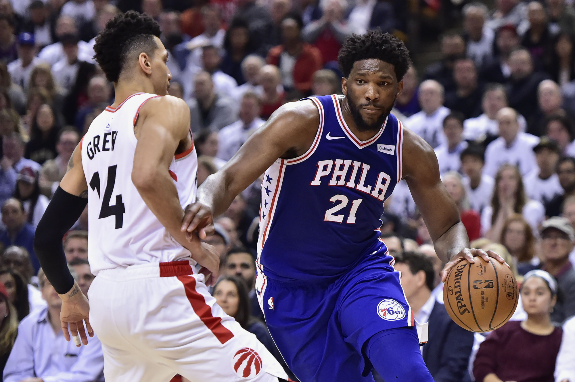 Philadelphia 76ers guard Ben Simmons (25) drives to the net around Toronto Raptors guard Danny Green (14) during first-half, second-round NBA basketball playoff action in Toronto, Monday, April 29, 2019. (Frank Gunn/The Canadian Press via AP)
