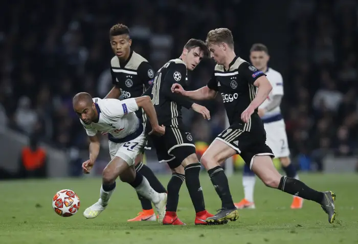 Lucas Moura of Tottenham goes past Nicloas Tagliafico of Ajax during the UEFA Champions League match at the Tottenham Hotspur Stadium, London. Picture date: 30th April 2019.