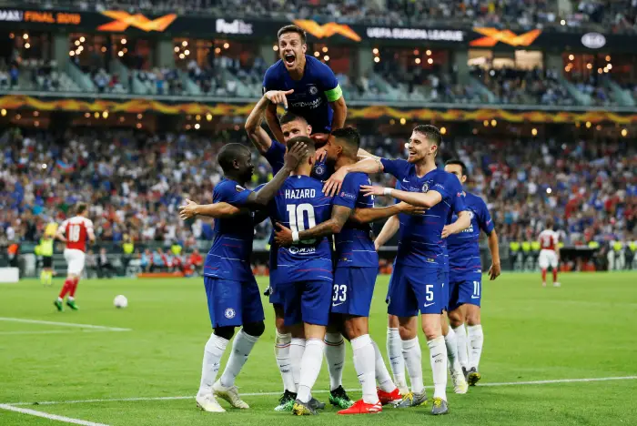 Soccer Football - Europa League Final - Chelsea v Arsenal - Baku Olympic Stadium, Baku, Azerbaijan - May 29, 2019  Chelsea's Eden Hazard celebrates scoring their third goal with Cesar Azpilicueta and team mates