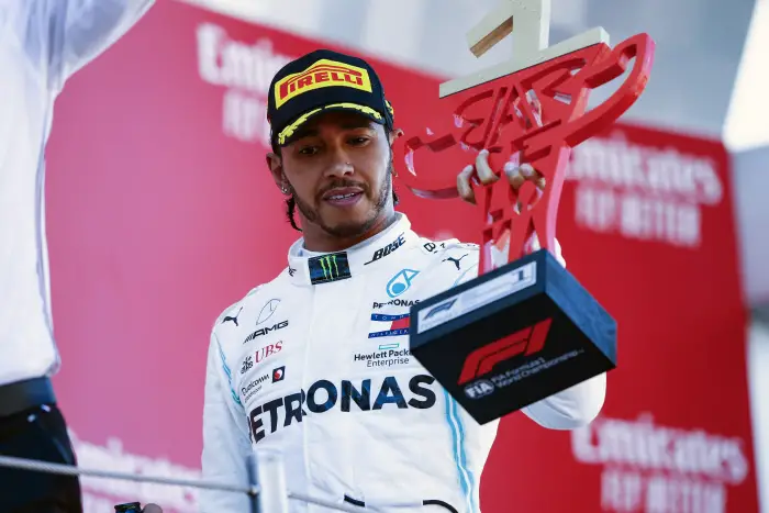 Lewis Hamilton, Mercedes AMG F1, 1st position, with his trophy