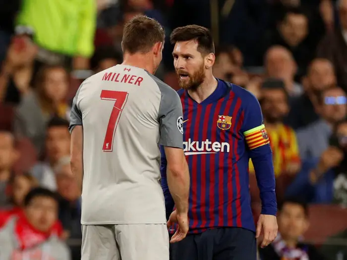 Soccer Football - Champions League Semi Final First Leg - FC Barcelona v Liverpool - Camp Nou, Barcelona, Spain - May 1, 2019  Barcelona's Lionel Messi after he is fouled by Liverpool's James Milner
