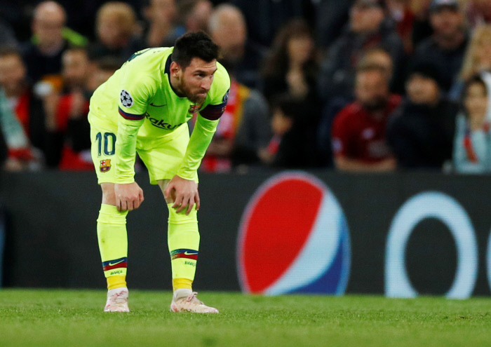 Soccer Football - Champions League Semi Final Second Leg - Liverpool v FC Barcelona - Anfield, Liverpool, Britain - May 7, 2019  Barcelona's Lionel Messi looks dejected