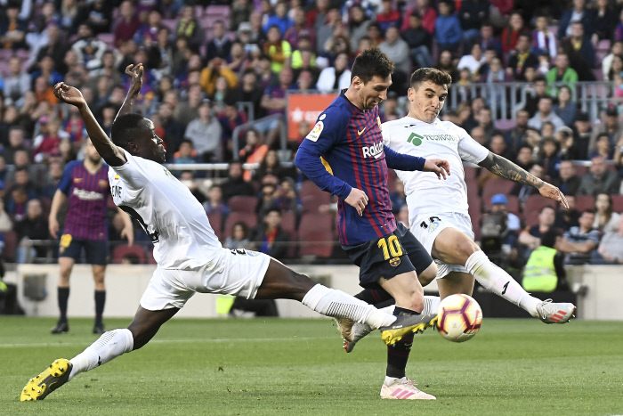 Lionel Messi of FC Barcelona scores his goal during the match between FC Barcelona vs Getafe CF of LaLiga, date 20, 2018-2019 season. Camp Nou Stadium. Barcelona, Spain - 12 may 2019