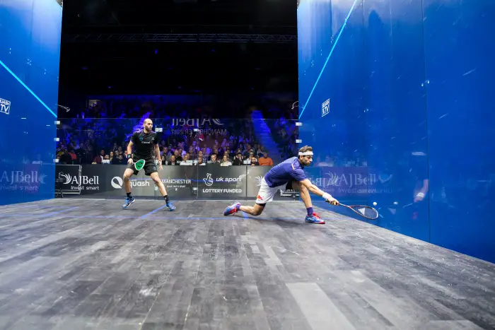 17th December 2017, Manchester Central, Manchester, England; AJ Bell PSA World Championships, finals day; Mohamed ElShorbagy and Marwan Elshorbagy in their mens finals match