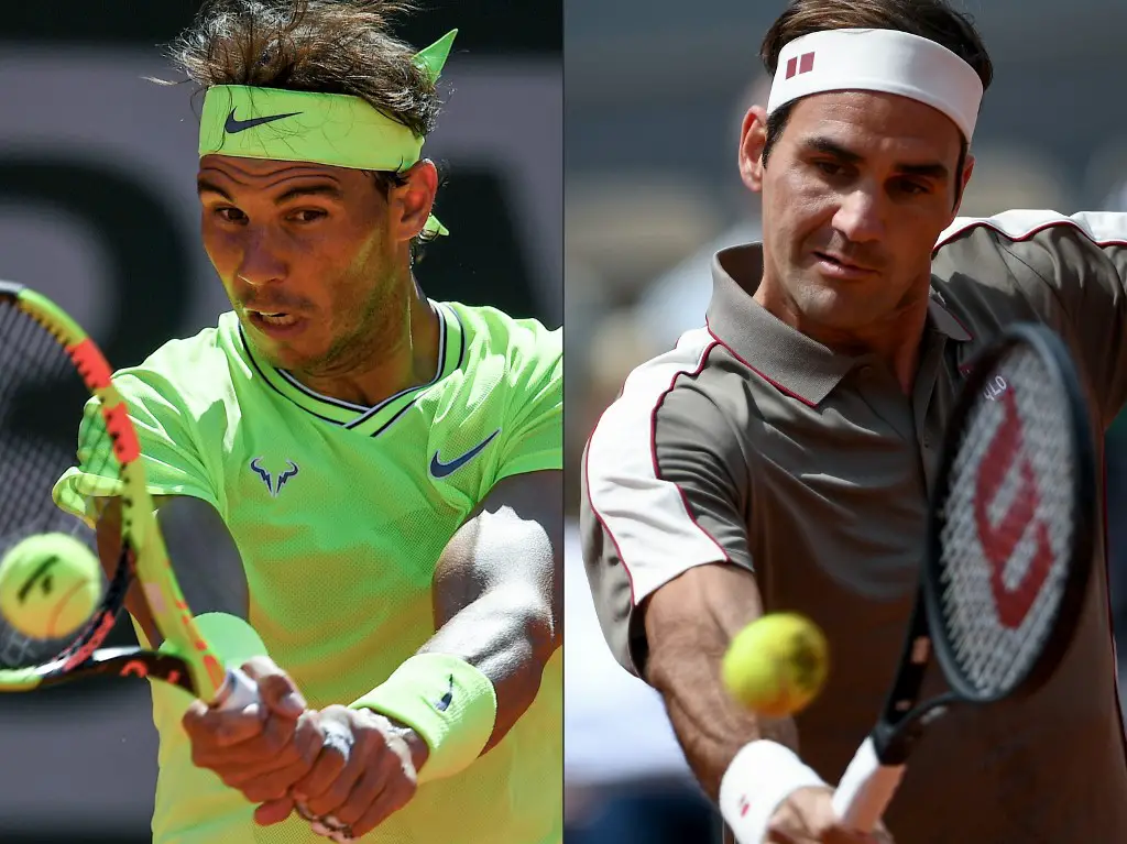 (COMBO) This combination of file pictures created on June 06, 2019 shows Spain's Rafael Nadal (L) during his men's singles fourth round match on day eight of The Roland Garros 2019 French Open tennis tournament in Paris on June 2, 2019, and Switzerland's Roger Federer duri ghis men's singles first round match on day 1 of The Roland Garros 2019 French Open tennis tournament in Paris on May 26, 2019. - Spain's Rafael Nadal and Switzerland's Roger Federer will play their men's singles semi-final match on day thirteen of the Roland Garros 2019 French Open tennis tournament in Paris on June 7, 2019. (Photos by Christophe ARCHAMBAULT and Anne-Christine POUJOULAT / AFP)