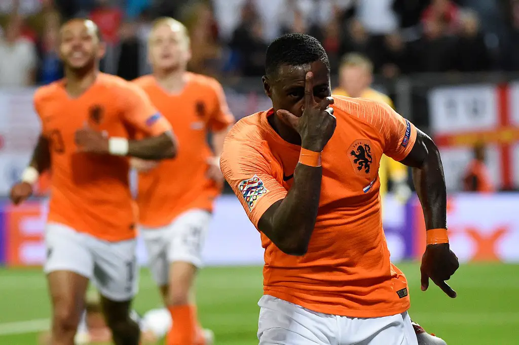 Netherlands' forward Quincy Promes celebrates his team's second goal during the UEFA Nations League semi-final football match between The Netherlands and England at the Afonso Henriques Stadium in Guimaraes on June 6, 2019. (Photo by MIGUEL RIOPA / AFP)