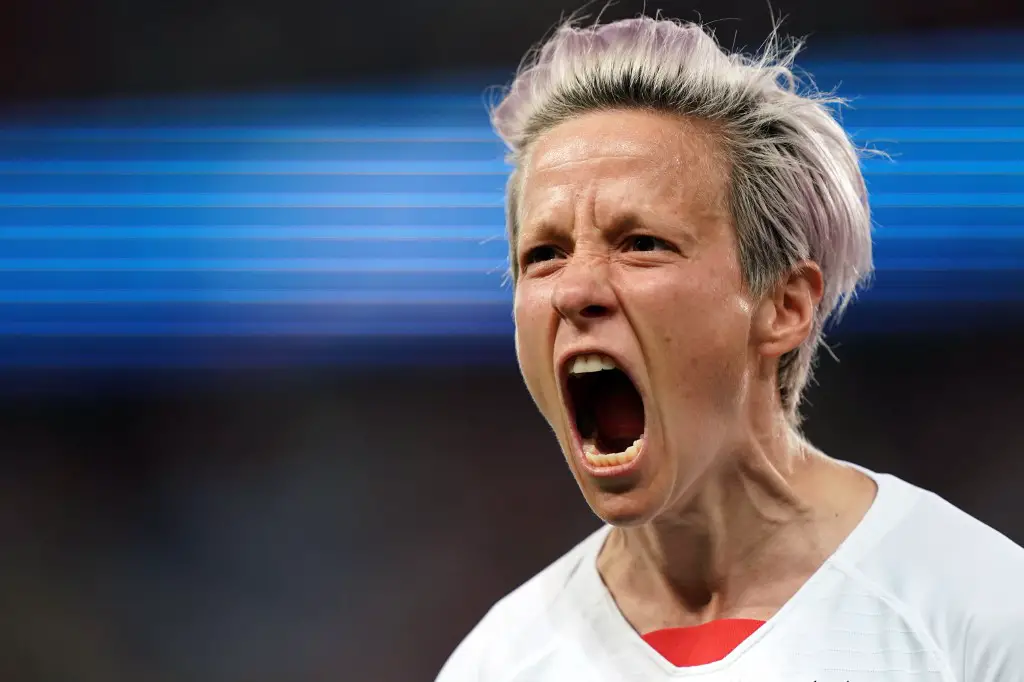 United States' forward Megan Rapinoe celebrates after scoring a goal during the France 2019 Women's World Cup quarter-final football match between France and USA, on June 28, 2019, at the Parc des Princes stadium in Paris. (Photo by Lionel BONAVENTURE / AFP)