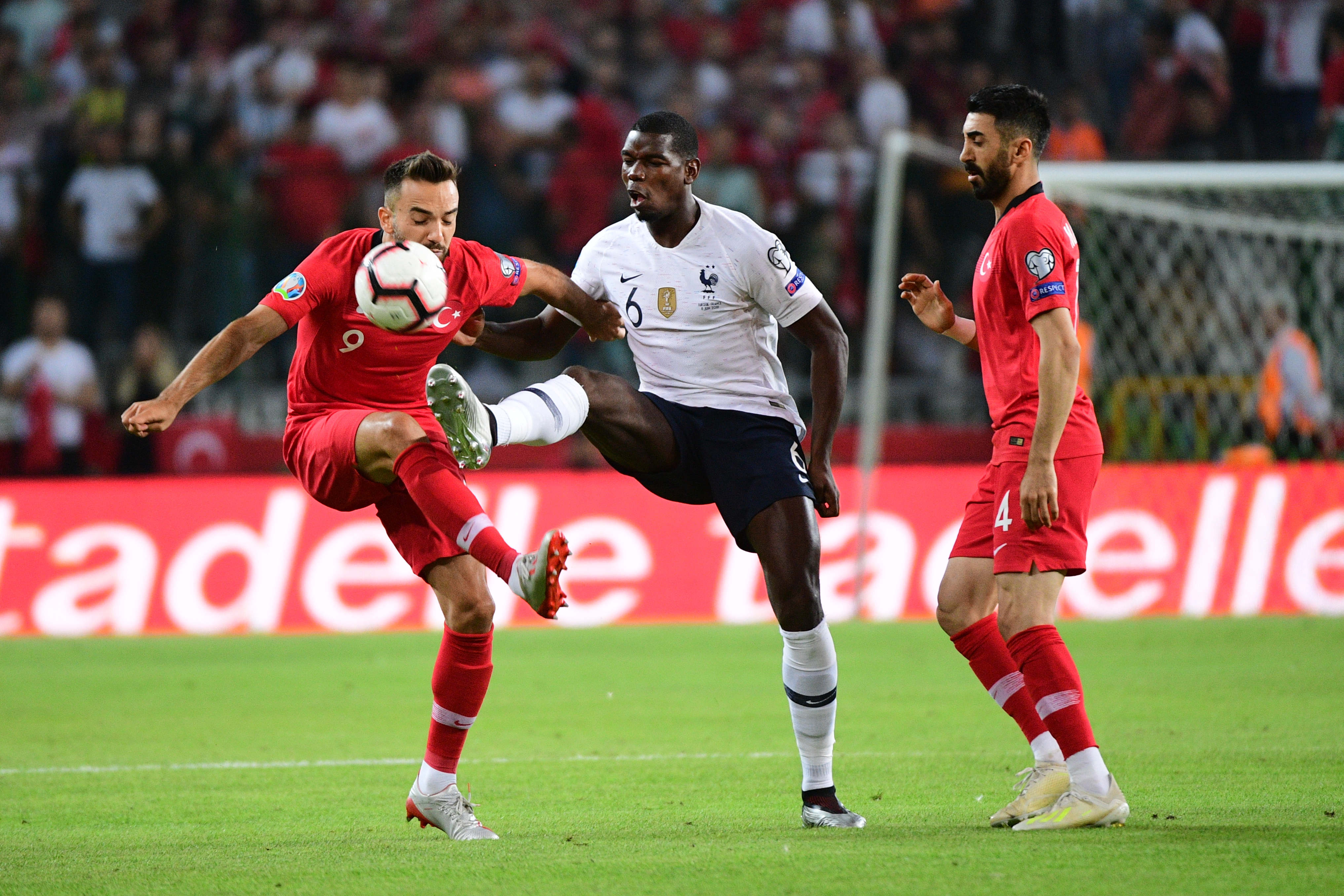 (R-L) Paul Pogba of France and Enes Unal of Turkey during the Euro 2020 qualifying match between Turkey and France on June 8, 2019 in Konya, Turkey. (Photo by Dave Winter/Icon Sport)