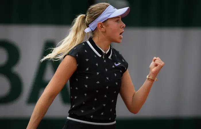 May 30, 2019 - Paris, FRANCE - Amanda Anisimova of the United States talks to the media after winning her second-round match at the 2019 Roland Garros Grand Slam tennis tournament