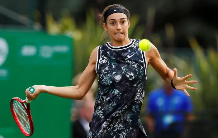 France's Caroline Garcia in action during the final against Croatia's Donna Vekic