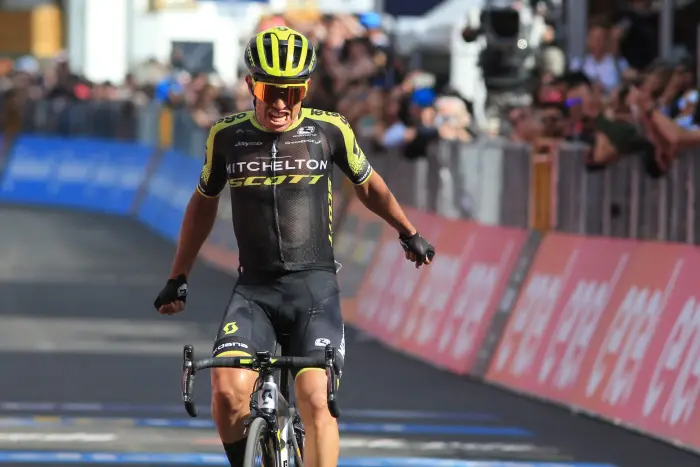 31st May 2019, Treviso to San Martino di Castrozza, The Giro D Italia Cycling tour, stage 19; Esteban Chaves (COL) celebrates as he crosses the finish line and wins the stage