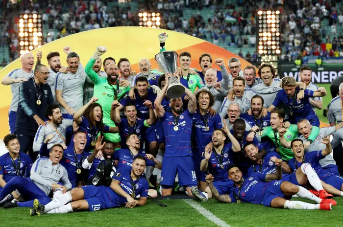 Soccer Football - Europa League Final - Chelsea v Arsenal - Baku Olympic Stadium, Baku, Azerbaijan - May 29, 2019  Chelsea's Olivier Giroud lifts the trophy as they celebrate winning the Europa League