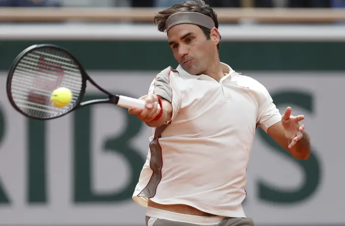 PARIS, June 7, 2019  Roger Federer of Switzerland competes during the men's singles semifinal match between Rafael Nadal of Spain and Roger Federer of Switzerland at French Open tennis tournament 2019 at Roland Garros, in Paris, France on June 7, 2019. Rafael Nadal won 3-0.