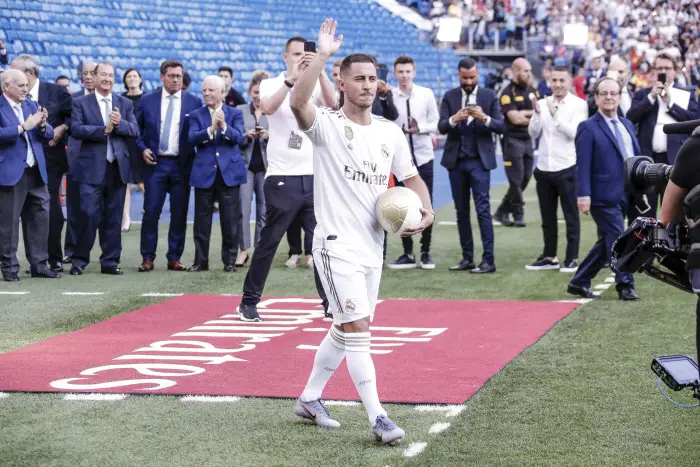 Presentation of Eden Hazard as new player of Real Madrid for the next 5 seasons Florentino Perez president of Real Madrid (Real Madrid) .  at the Santiago Bernabeu stadium in Madrid, Spain, June 13, 2019 .