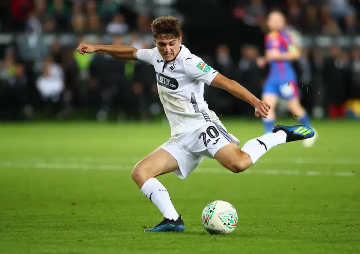 28th August 2018, Liberty Stadium, Swansea, Wales; Carabao Cup football, 2nd round, Swansea City versus Crystal Palace; Daniel James of Swansea City takes the shot as his side look for an equalising goal