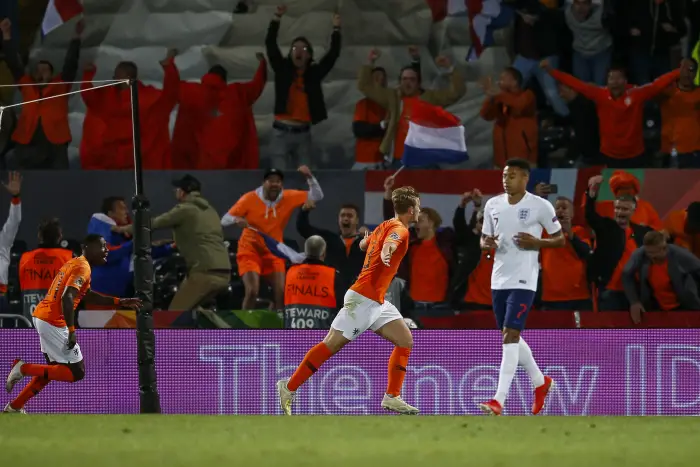 Matthijs de Ligt of Netherlands celebrates after scoring his side's first goal to equalise and make the score 1-1