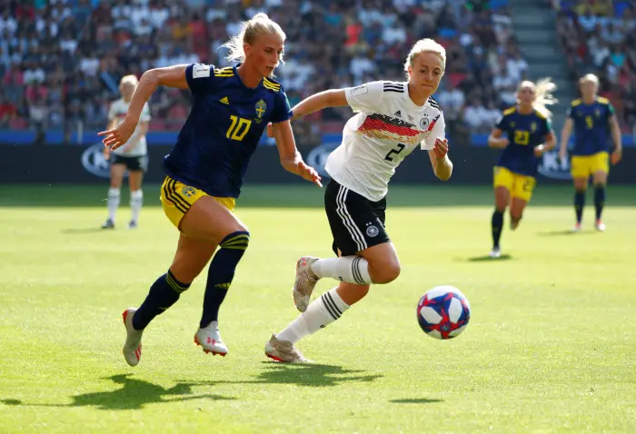 Sweden's Sofia Jakobsson in action with Germany's Carolin Simon