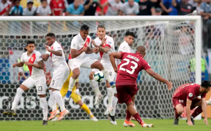 Venezuela's Salomon Rondon shoots at goal from a free kick