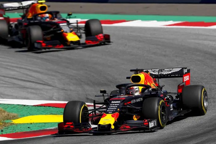 Max Verstappen, Red Bull Racing RB15, leads Pierre Gasly, Red Bull Racing RB15