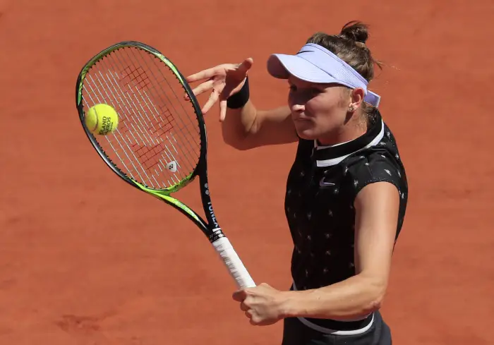 Tennis - French Open - Roland Garros, Paris, France - June 2, 2019. Marketa Vondrousova of the Czech Republic in action during her fourth round match against Latvia's Anastasija Sevastova.