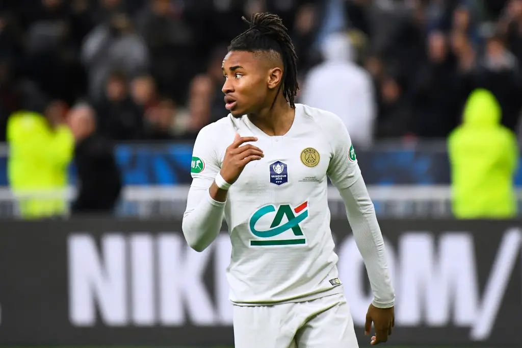 Paris Saint-Germain's French midfielder Christopher Nkunku reacts after failing to score during the penalty shout-out of the French Cup final football match between Rennes (SRFC) and Paris Saint-Germain (PSG), on April 27, 2019 at the Stade de France in Saint-Denis, outside Paris. (Photo by DAMIEN MEYER / AFP)