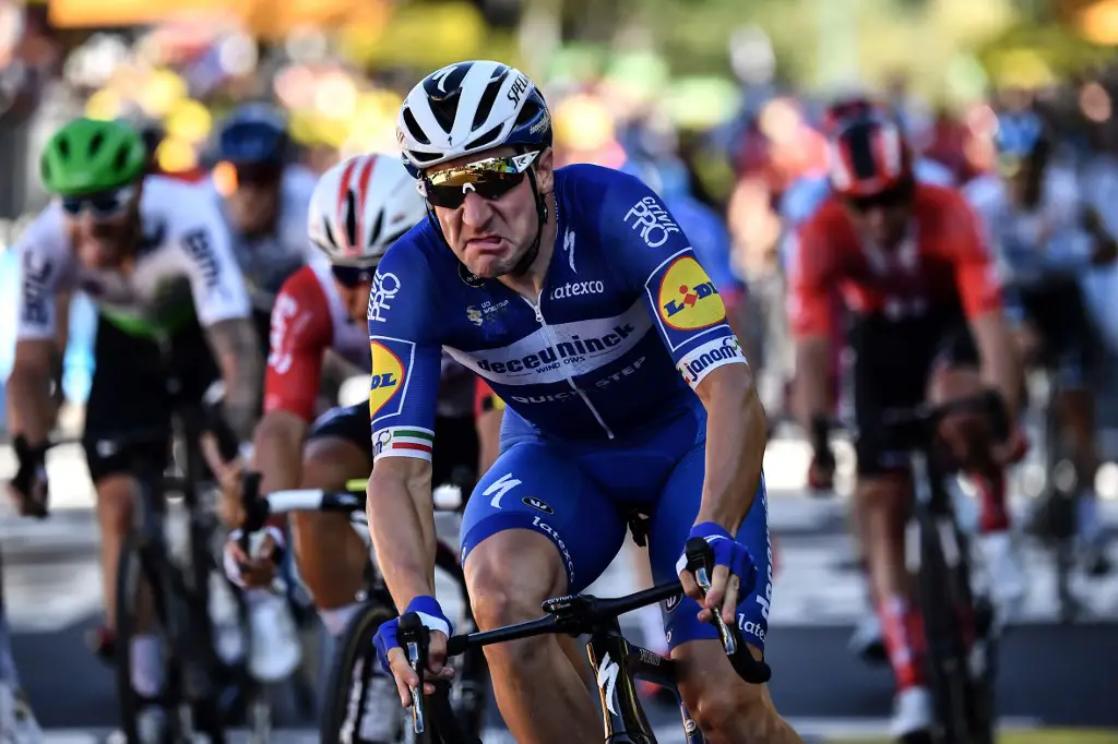 Italy's Elia Viviani reacts as he crosses the finish line at the end of the fourth stage of the 106th edition of the Tour de France cycling race between Reims and Nancy, in Nancy, eastern France, on July 9, 2019. (Photo by JEFF PACHOUD / AFP)