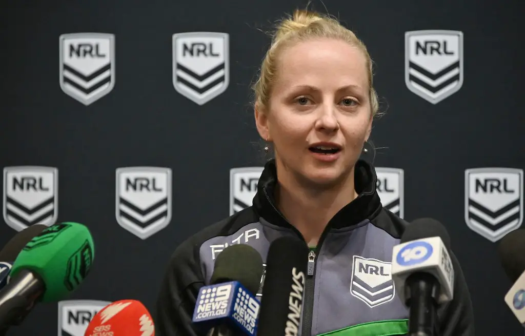 Rugby League referee Belinda Sharpe speaks to the media in Sydney on July 16, 2019, after being named as the first female referee for a National Rugby League (NRL) game between the Brisbane Broncos and Canterbury Bulldogs. - Australia's NRL will make history with Sharpe as its first female referee on July 18, as it struggles to leave behind its "blokey" culture. (Photo by PETER PARKS / AFP) / -- IMAGE RESTRICTED TO EDITORIAL USE - STRICTLY NO COMMERCIAL USE --