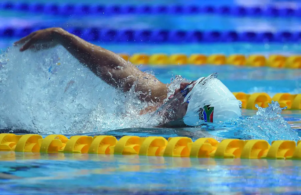 South Africa's Zane Waddell competes in the semi-final of the men's 50m backstroke event during the swimming competition at the 2019 World Championships at Nambu University Municipal Aquatics Center in Gwangju, South Korea, on July 27, 2019. (Photo by Manan VATSYAYANA / AFP)