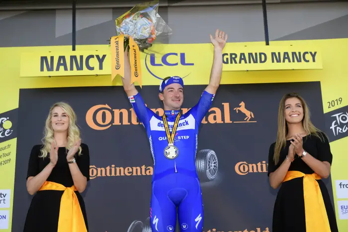 VIVIANI Elia (ITA) of HCEUNINH - QUICK - STEP pictured during the podium ceremony after winning stage 4 of the 106th edition of the 2019 Tour de France cycling race, a stage of 213,5 kms with start in Reims and finish in Nancy on July 09, 2019 in Nancy, France, 9/07/2019