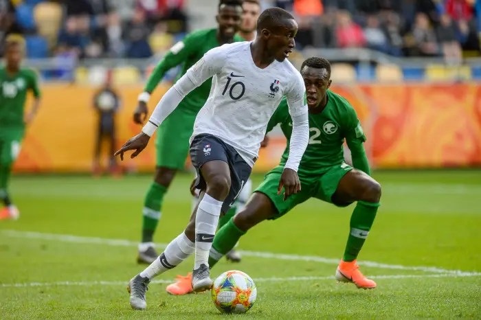 May 25, 2019 - Gdynia, Pomerania, Poland - Moussa Diaby from France seen in action during FIFA U-20 World Cup match between France and Saudi Arabia (GROUP E) in Gdynia.