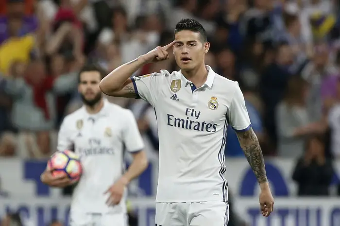 Football Soccer - Real Madrid v FC Barcelona - Spanish Liga Santander - Santiago Bernabeu, Madrid, Spain - 23/4/17 Real Madrid's James Rodriguez celebrates scoring their second goal