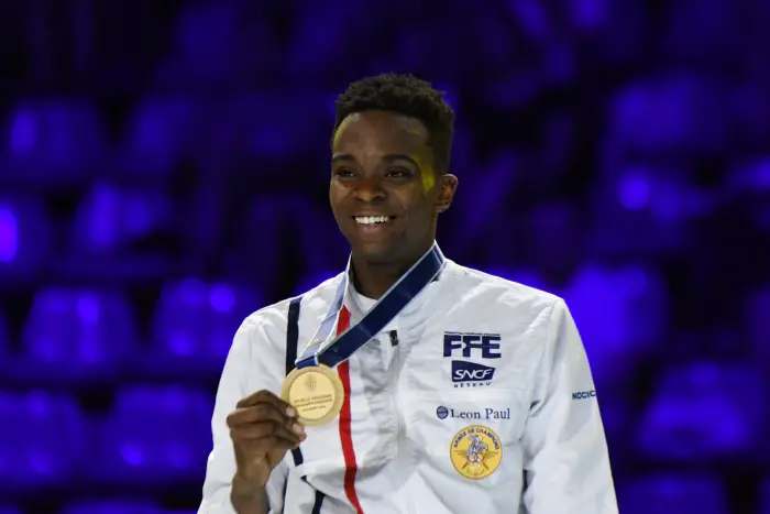 Champion Enzo Lefort of France poses with his gold medal during the 2019 FIE World Fencing Championships Budapest Men’s Foil medal ceremony at SYMA Sports and Conference Centre in Budapest, Hungary on July 20, 2019.