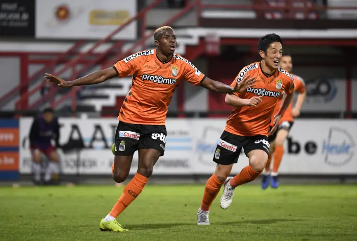 KORTRIJK, BELGIUM - MAY 22 : Victor Osimhen forward of Sporting Charleroi celebrates scoring a goal during the Jupiler Pro League match PO2A PO2B between KV Kortrijk and RCS Charleroi on May 22, 2019 in Kortrijk, Belgium, 22/05/2019