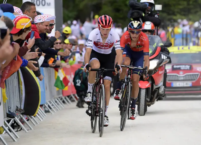 LA PLANCHE DES BELLES FIHES, FRHCE - JULY 11 : TEUNS Dylan (BEL) of Bahrain Merida, CICCONE Giulio (ITA) of Trek - Segafredo  during stage 6 of the 106th edition of the 2019 Tour de France cycling race, a stage of 160,5 kms with start in Mulhouse and finish in La Planche Des Belles Filles on July 11, 2019 in La Planche Des Belles Filles, France, 11/07/2019