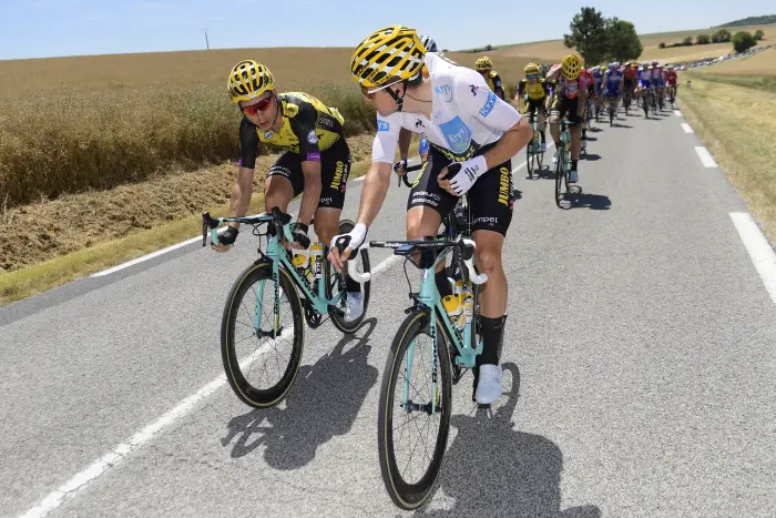 VAN AERT Wout (BEL) ofHEAM JUHO - VISMA talking to MARTIN Tony (GER) of TEAM JUMBO - VISMA during stage 4 of the 106th edition of the 2019 Tour de France cycling race, a stage of 213,5 kms with start in Reims and finish in Nancy on July 09, 2019 in Nancy, France, 9/07/2019