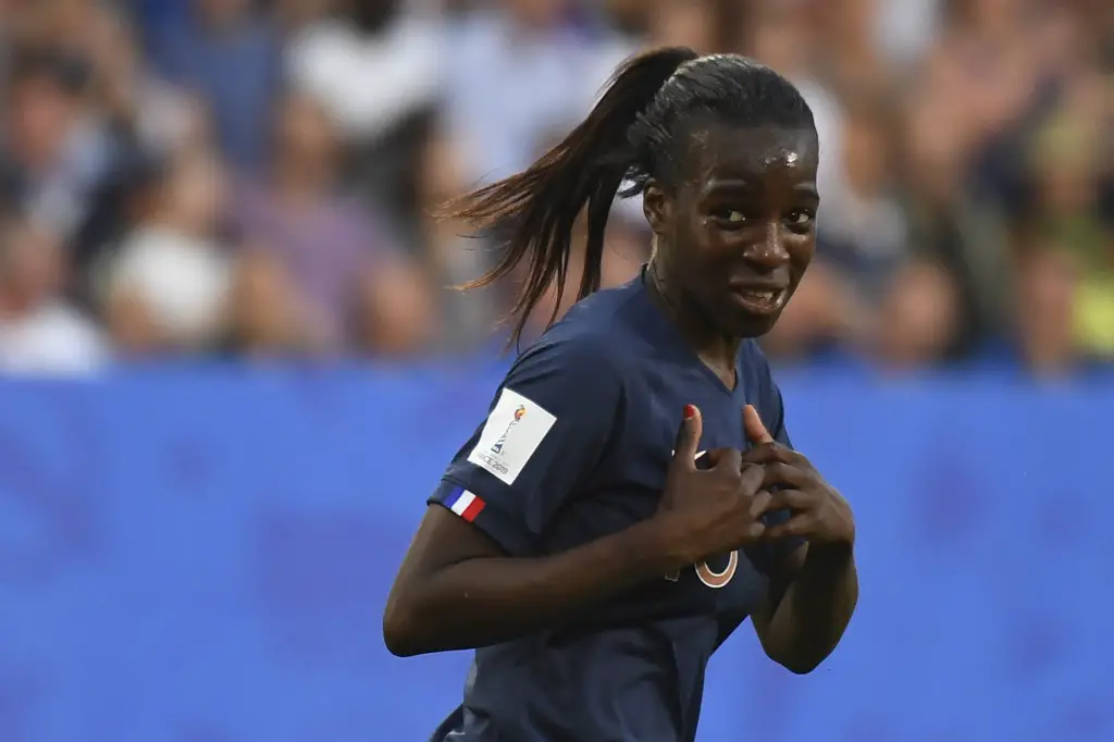 France's forward Viviane Asseyi reacts  during the France 2019 Women's World Cup Group A football match between Nigeria and France, on June 17, 2019, at the Roazhon Park stadium in Rennes, western France. (Photo by Damien MEYER / AFP)