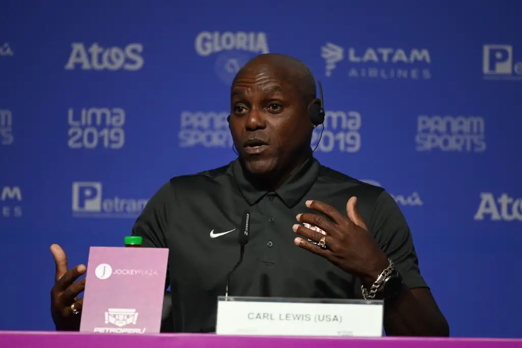 Former Olympic champions Carl Lewis and Leroy Burrell (out of frame) offer a press conference during the Lima 2019 Pan-American Games in Lima on August 5, 2019. (Photo by Pedro UGARTE / AFP)