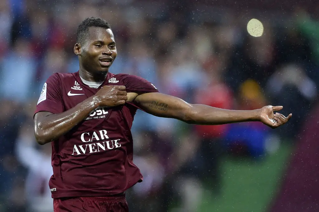 Metz' Senegalese forward Habib Diallo celebrates after scoring a goal during the French L1 football match between Metz (FCM) and Monaco (ASM) at Saint Symphorien stadium in Longeville-les-Metz, eastern France, on August 17, 2019. (Photo by JEAN-CHRISTOPHE VERHAEGEN / AFP)