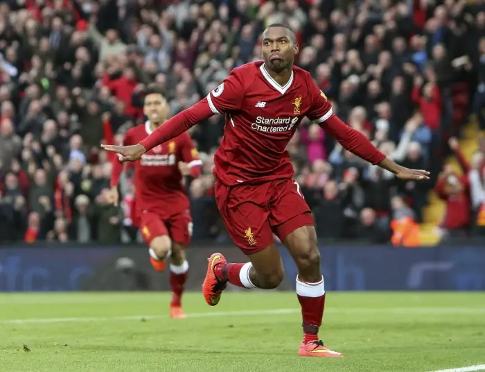 28th October 2017, Anfield, Liverpool, England; EPL Premier League football, Liverpool versus Huddersfield; 
Daniel Sturridge celebrates his goal in the  47th minute which gave Liverpool a 1-0 lead