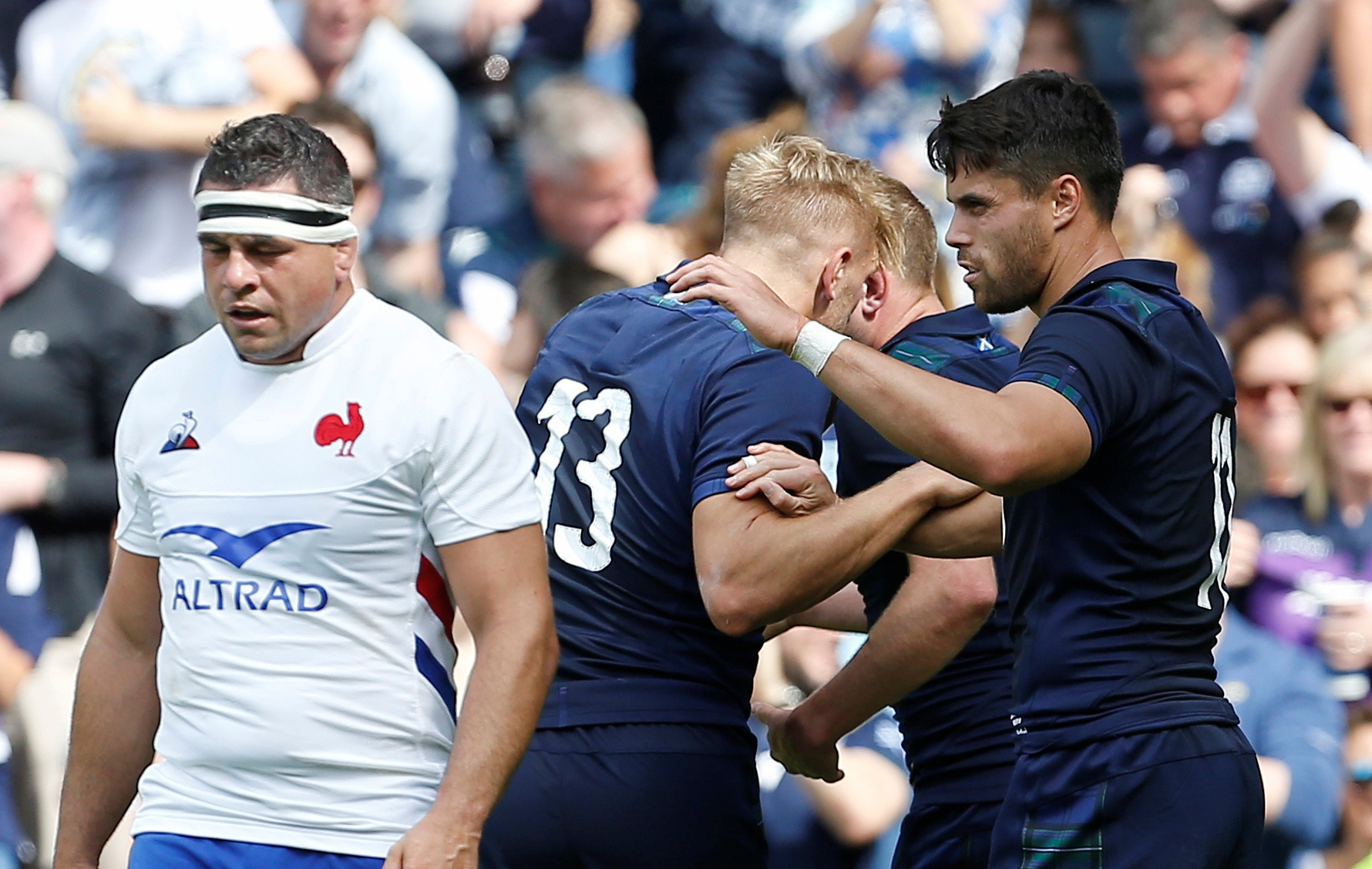 Rugby Union - Rugby World Cup warm-up match - Scotland v France - BT Murrayfield Stadium, Edinburgh, Britain - August 24, 2019  Scotland's Sean Maitland celebrates scoring their first try with Chris Harris  Action Images via Reuters/Craig Brough