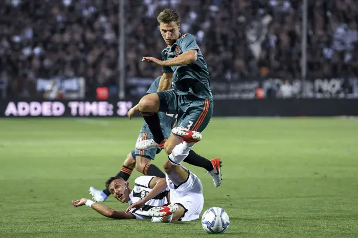 THESSALONIKI , 06-08-201H, StadH Toumba , Champions League third qualifying round season 2019-2020 , Ajax player Joel Veltman on the ball during the game PAOK - Ajax.