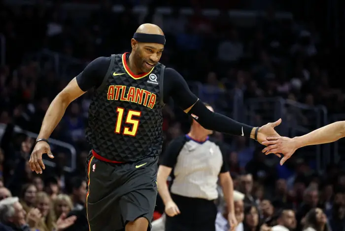 January 28, 2019 - Los Angeles, California, U.S - Atlanta Hawks's Vince Carter (15) celebrates during an NBA basketball game between Los Angeles Clippers and Atlanta Hawks Sunday, Jan. 6, 2019, in Los Angeles.