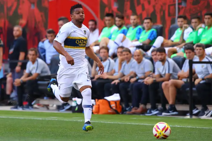 Boca Juniors defender Frank Fabra (18) closes on the ball